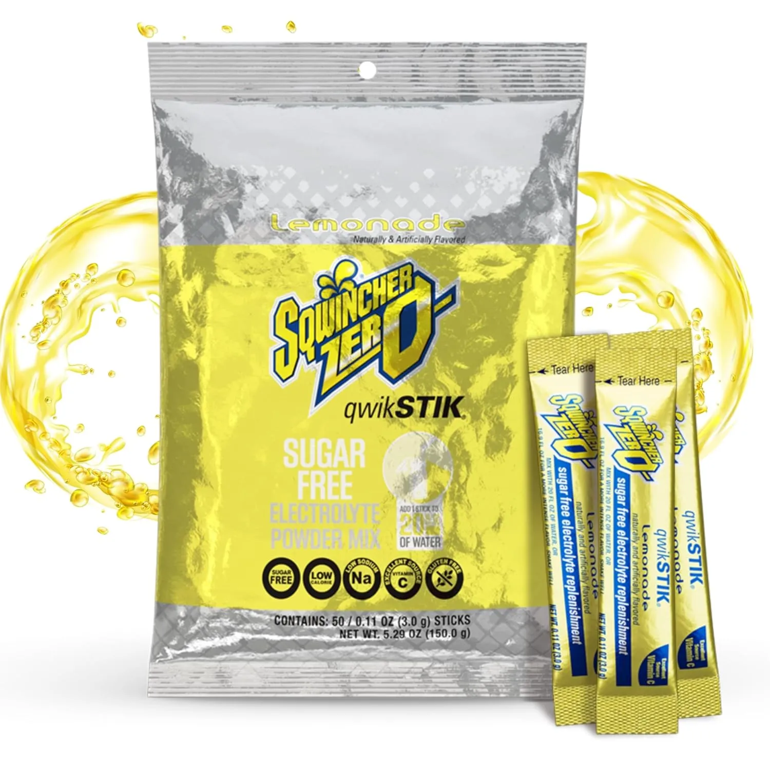 Sqwincher Zero Qwik Stik, Sugar Free, Low Calorie, Low Sodium Electrolyte Powder Hydration Drink Mix, Lemonade, .11 0z Packet (Pack of 50)