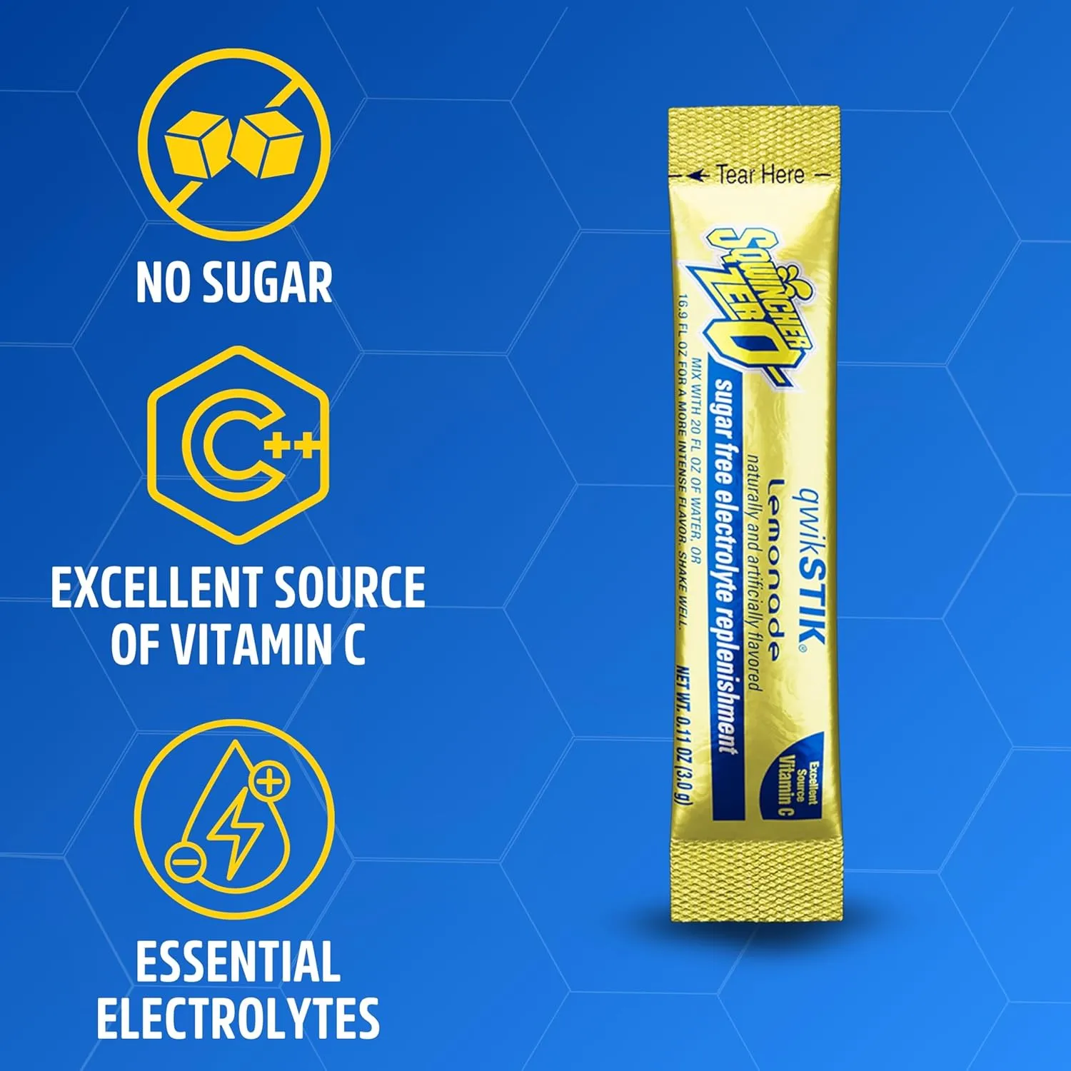 Sqwincher Zero Qwik Stik, Sugar Free, Low Calorie, Low Sodium Electrolyte Powder Hydration Drink Mix, Lemonade, .11 0z Packet (Pack of 50)