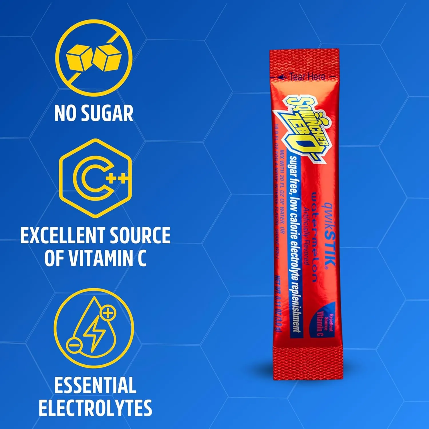 Sqwincher Zero Qwik Stik, Sugar Free, Low Calorie, Low Sodium Electrolyte Powder Hydration Drink Mix, Watermelon, .11 0z Packet (Pack of 50)