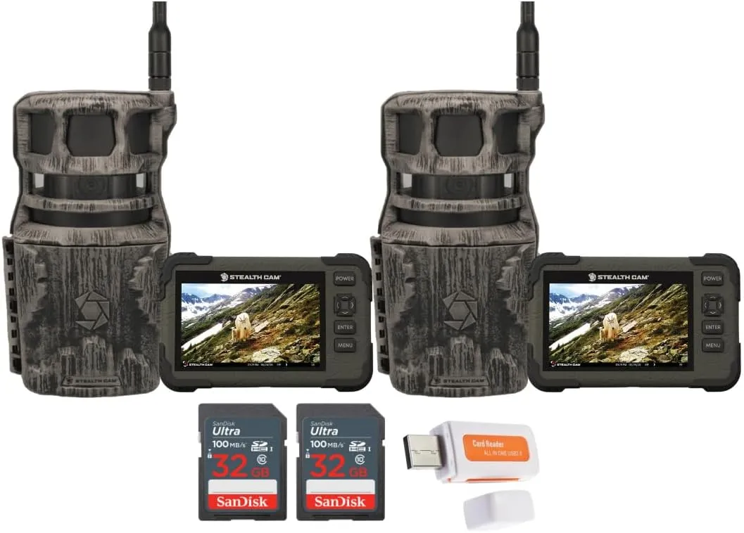 Stealth Cam Revolver 36MP 360-Degree Cellular Trail Camera (2-Pack) Bundle with Stealth Cam SD Card Reader and Viewer (2-Pack), 32GB Memory Card (2-Pack), and Reader and Writer (7 Items)