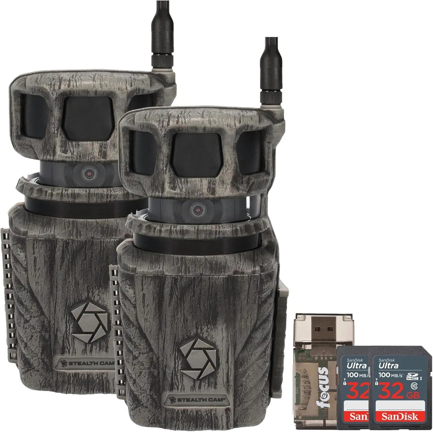 Stealth Cam Revolver 36MP 360 Degree Cellular Trail Camera 2-Pack with Two 32GB Memory Cards and Card Reader (5 Items)