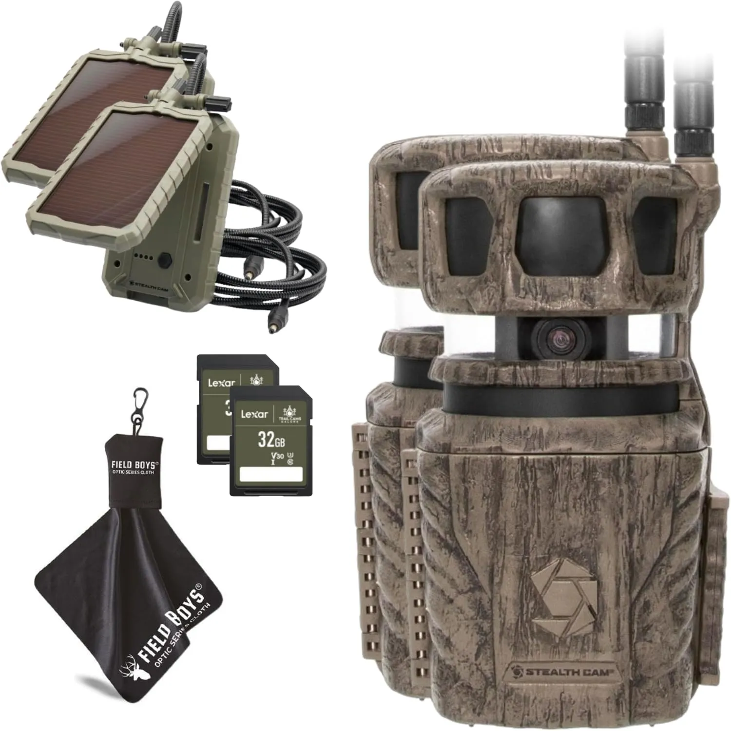 Stealth Cam Revolver 36MP Trail Camera with 1080P HD Video at 30 FPS, 0.4 Sec Trigger Speed, 360° Panoramic View, Built-in GPS, Verizon/AT&T Cellular, 32GB SD Card, Cloth, and Solar Panel (2 PK)
