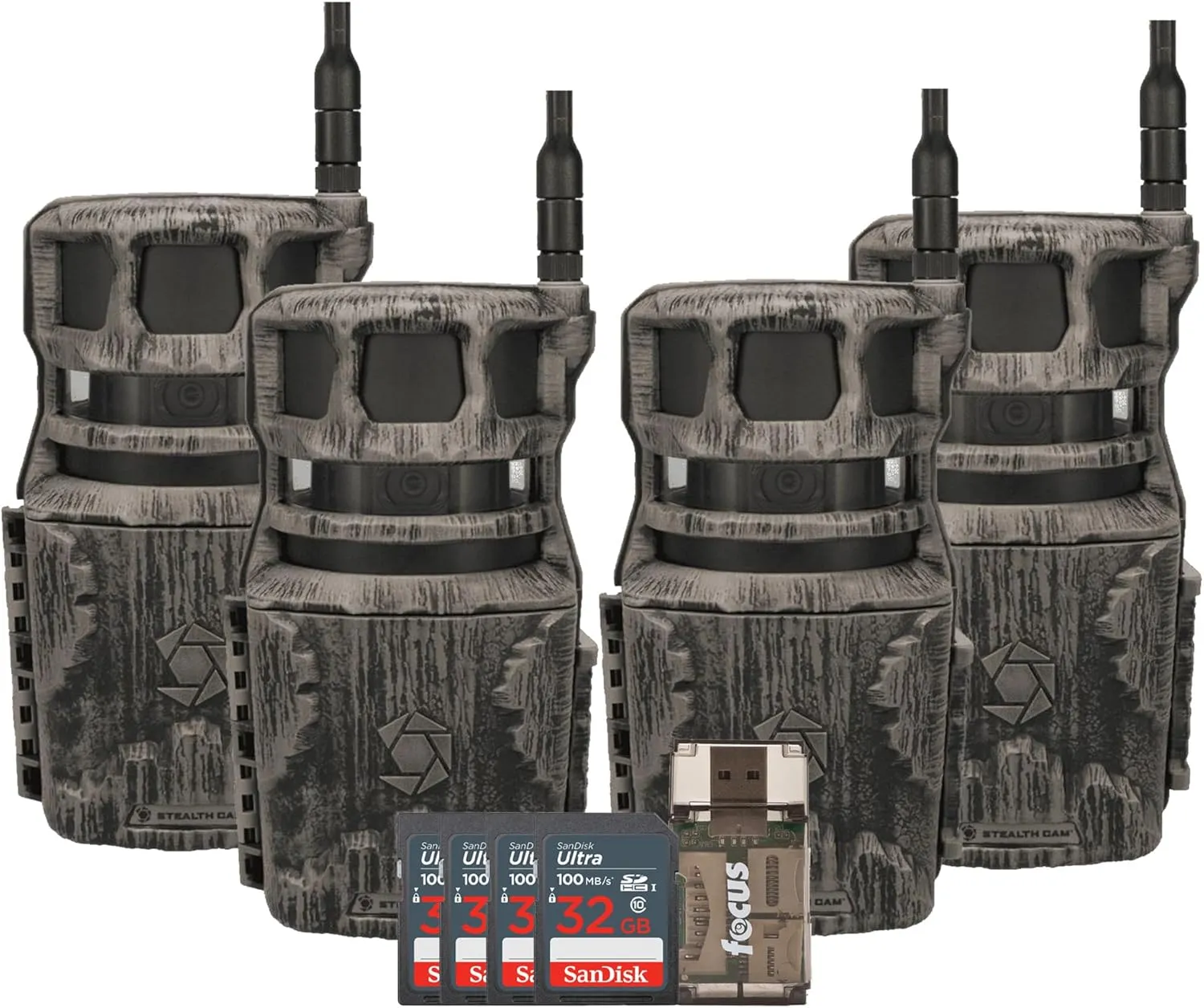 Stealth Cam Revolver 40MP Pro 360 Degree Cellular Trail Camera 4-Pack with Four 32GB Memory Cards and Card Reader (9 Items)