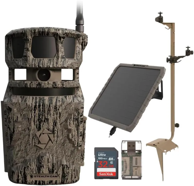Stealth Cam Revolver 40MP Pro 360-Degree Cellular Trail Camera Bundle with Adjustable Multi-Pivot Mounting Post, 3000 mAh Solar Battery Pack, 32GB Memory Card, and SD Card Reader (5 Items)