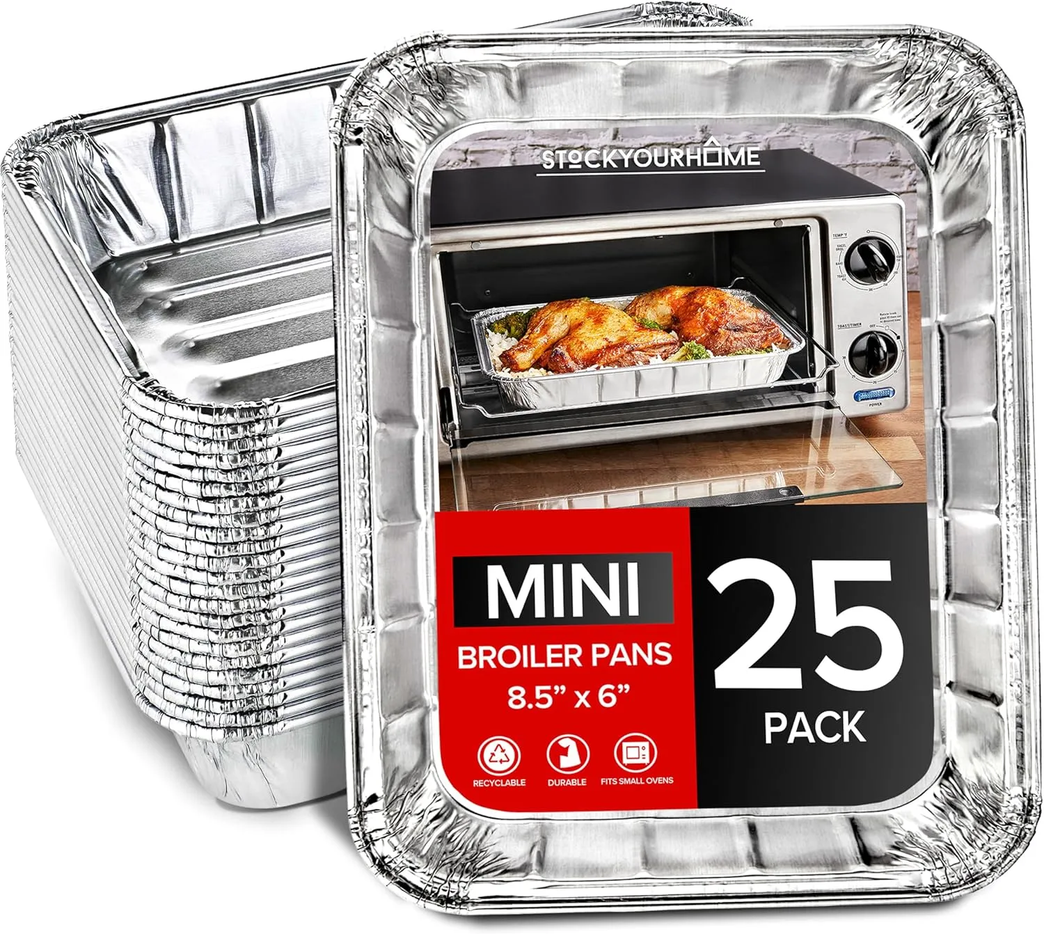 Stock Your Home 25 Pack- Mini Toaster-Oven Broiler Pans, Single Serve, For Personal Use & Dorm Rooms, 8.5" x 6", Great for Small Cakes or Individual Meals