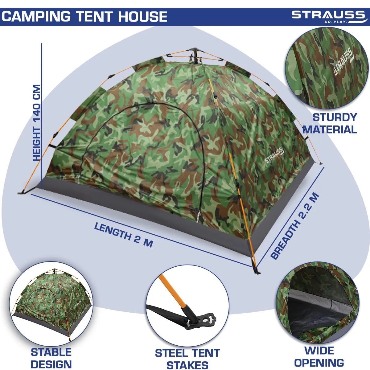 STRAUSS Portable Tent: Waterproof 4-Person Camping Tent with Easy Setup | Military Green