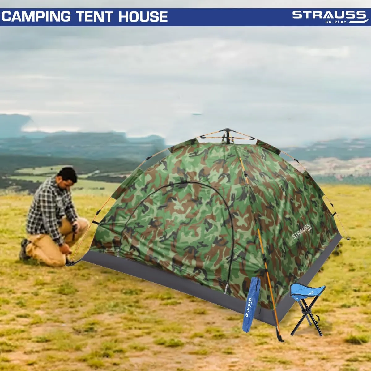 STRAUSS Portable Tent: Waterproof 4-Person Camping Tent with Easy Setup | Military Green