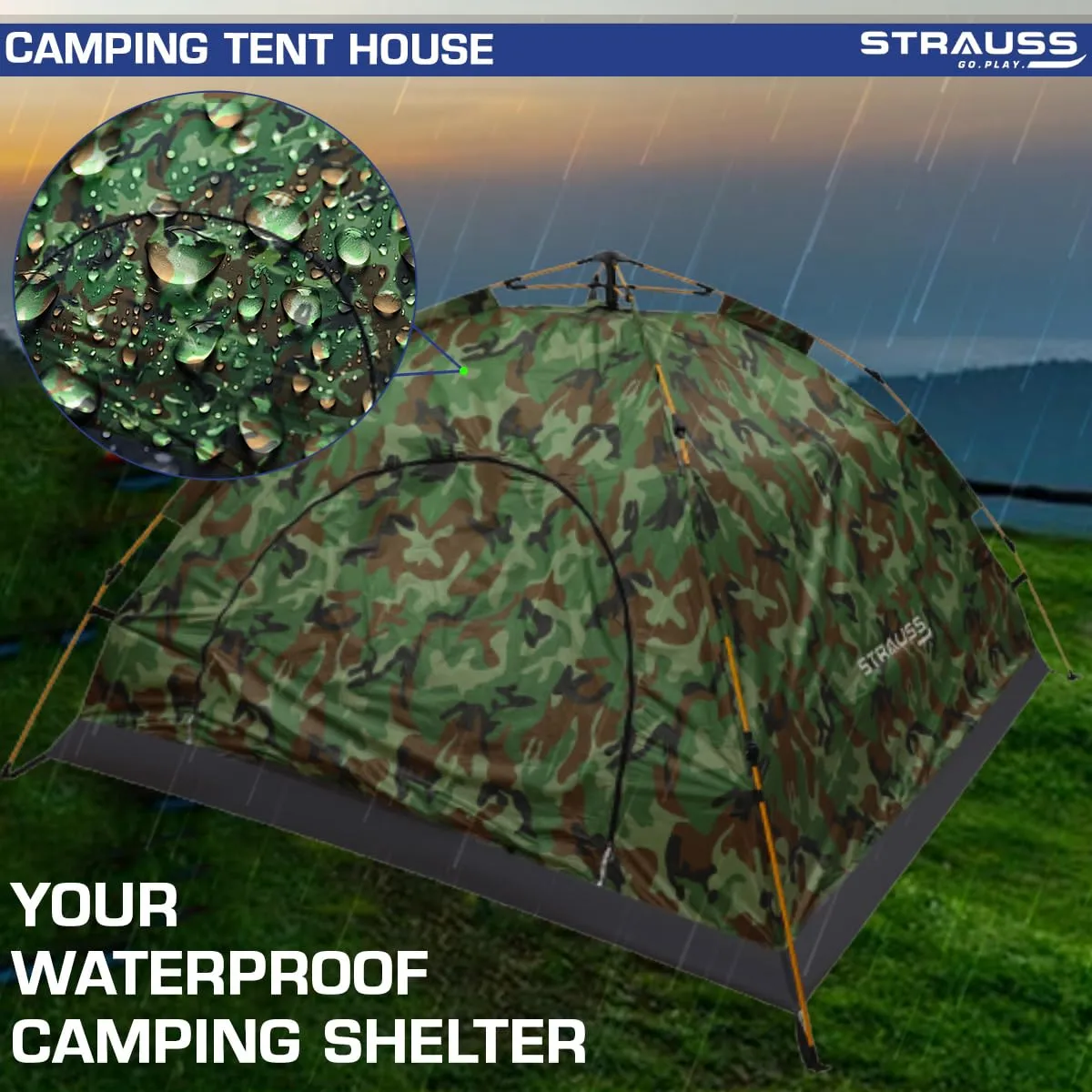 STRAUSS Portable Tent: Waterproof 4-Person Camping Tent with Easy Setup | Military Green