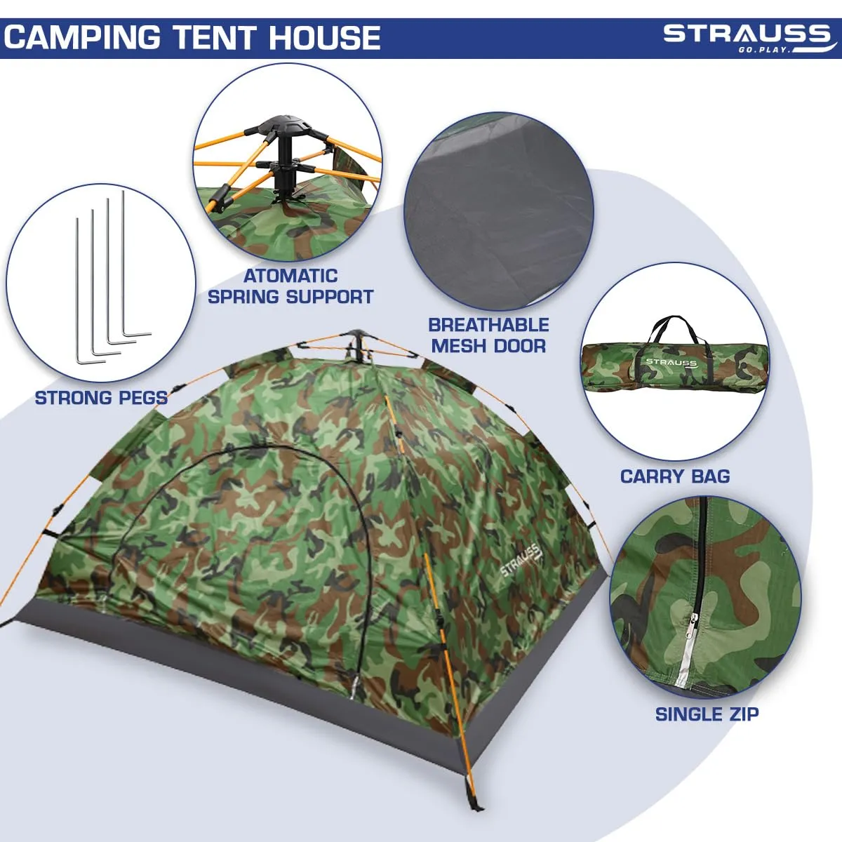 STRAUSS Portable Tent: Waterproof 4-Person Camping Tent with Easy Setup | Military Green