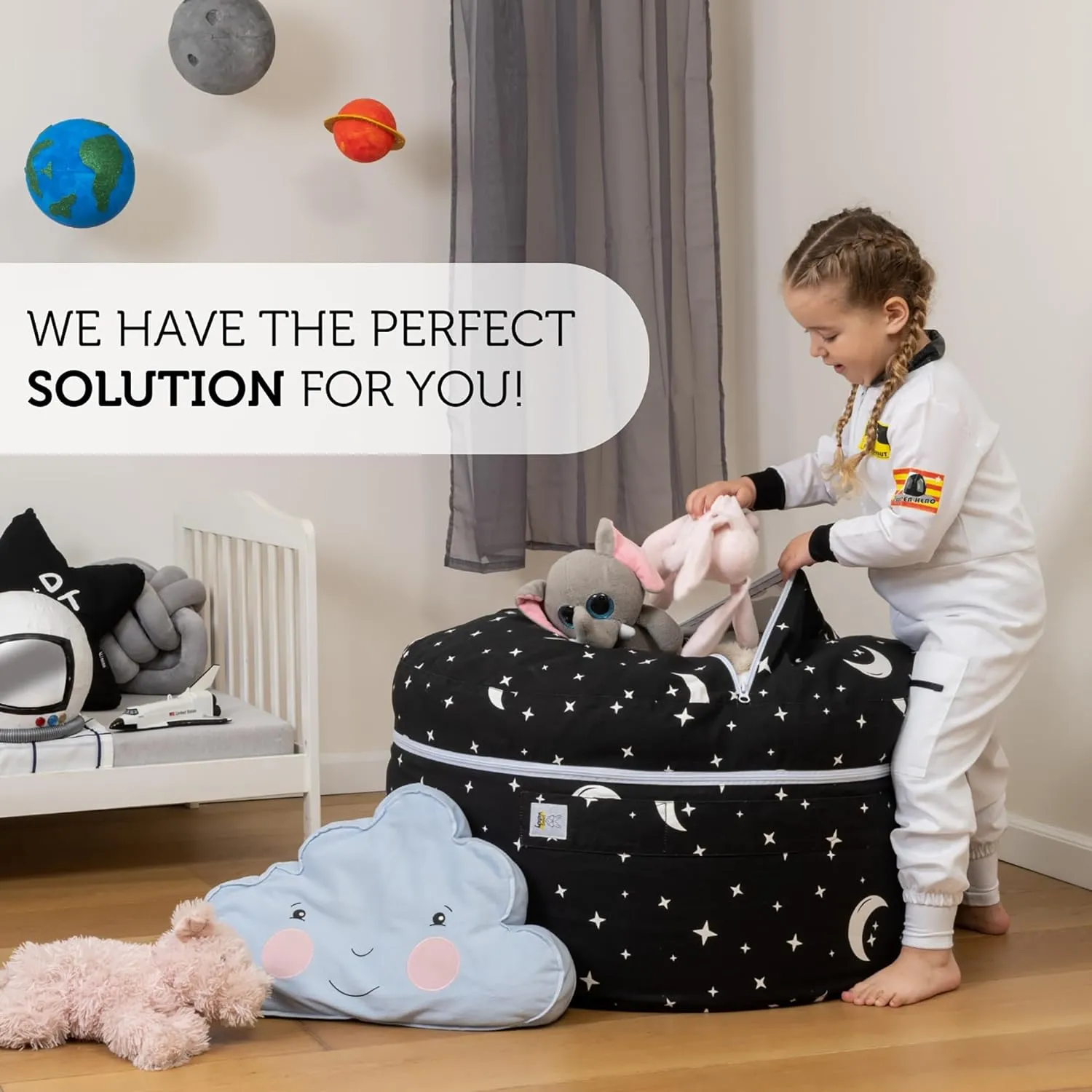 Stuffed Animal Storage Bean Bag Chair Cover for Kids & Adults – Expandable XL Size, 100% Cotton Washable, Kids’ Bean Bag Chairs for Plush Toy & Blanket Storage, Starry Night