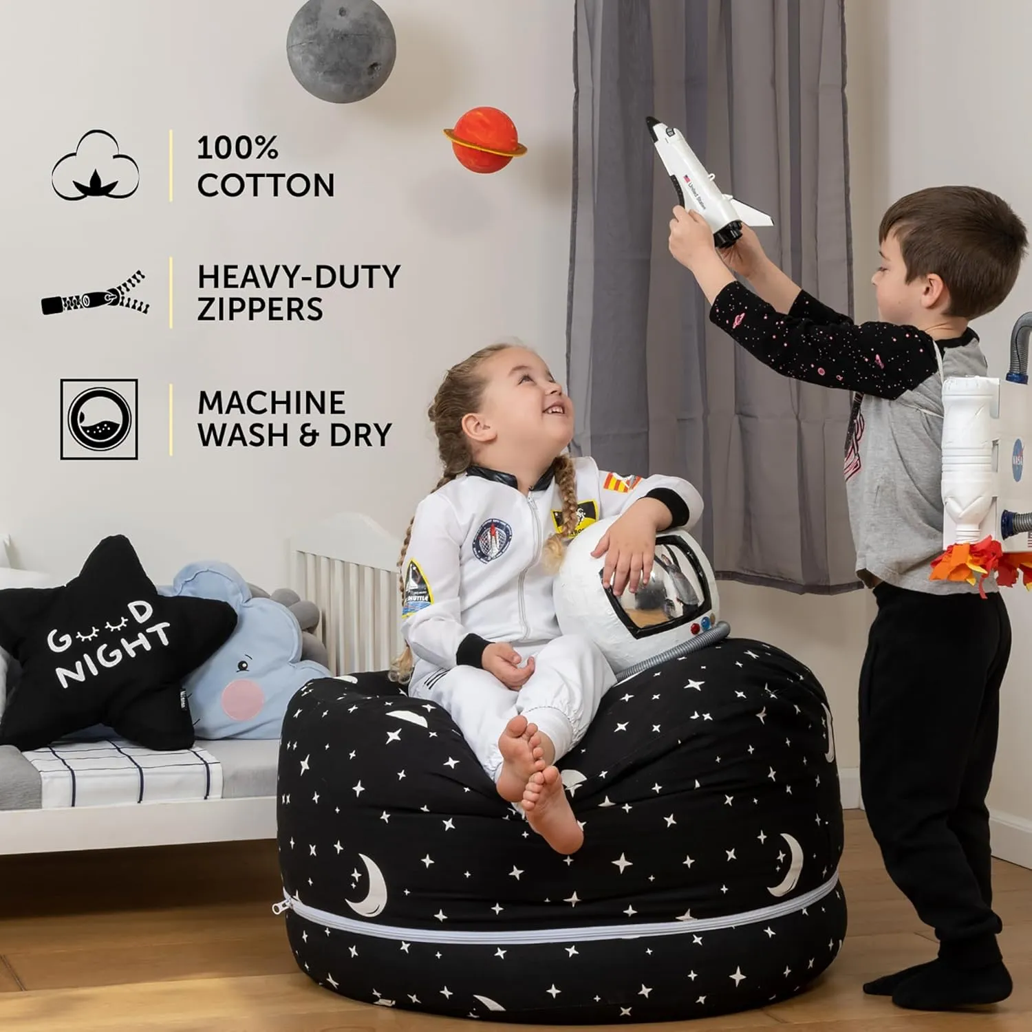 Stuffed Animal Storage Bean Bag Chair Cover for Kids & Adults – Expandable XL Size, 100% Cotton Washable, Kids’ Bean Bag Chairs for Plush Toy & Blanket Storage, Starry Night