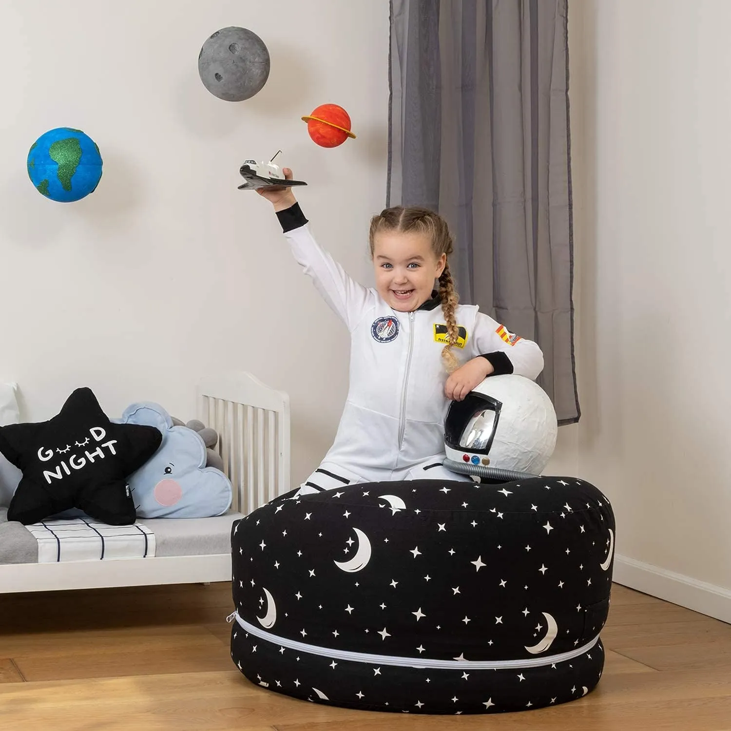 Stuffed Animal Storage Bean Bag Chair Cover for Kids & Adults – Expandable XL Size, 100% Cotton Washable, Kids’ Bean Bag Chairs for Plush Toy & Blanket Storage, Starry Night