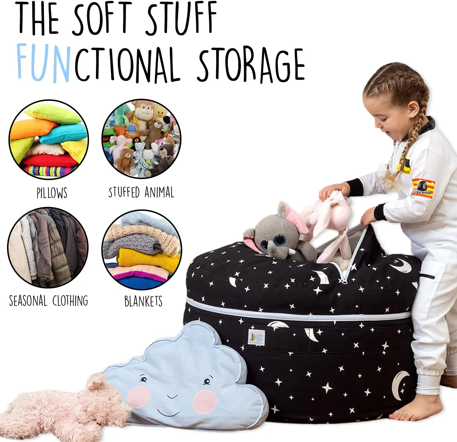 Stuffed Animal Storage Bean Bag Chair Cover for Kids & Adults – Expandable XL Size, 100% Cotton Washable, Kids’ Bean Bag Chairs for Plush Toy & Blanket Storage, Starry Night