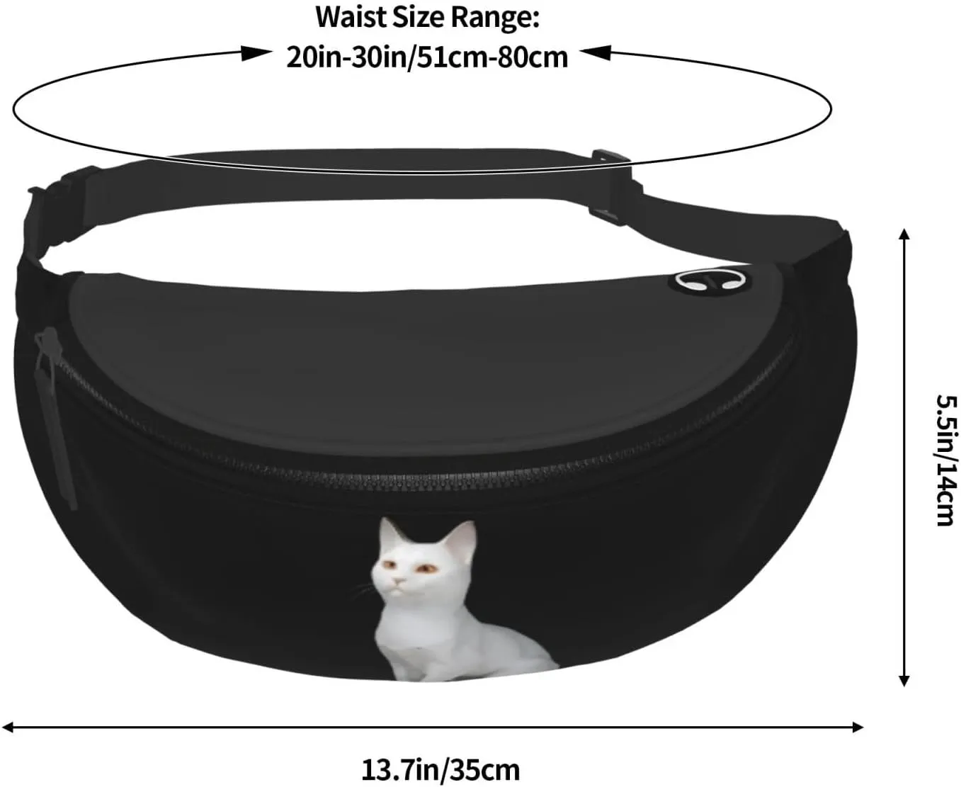 Stylish 3d White Cat Bumbags Waist Fanny Pack For Women Ladies Men Lightweight Bum Bag With Zip Pockets Adjustable Belt For Dog Walking Running Cycling Hiking Outdoor Sport