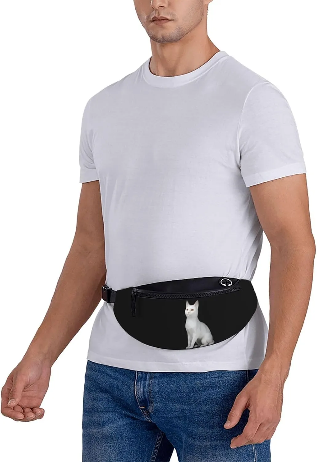 Stylish 3d White Cat Bumbags Waist Fanny Pack For Women Ladies Men Lightweight Bum Bag With Zip Pockets Adjustable Belt For Dog Walking Running Cycling Hiking Outdoor Sport