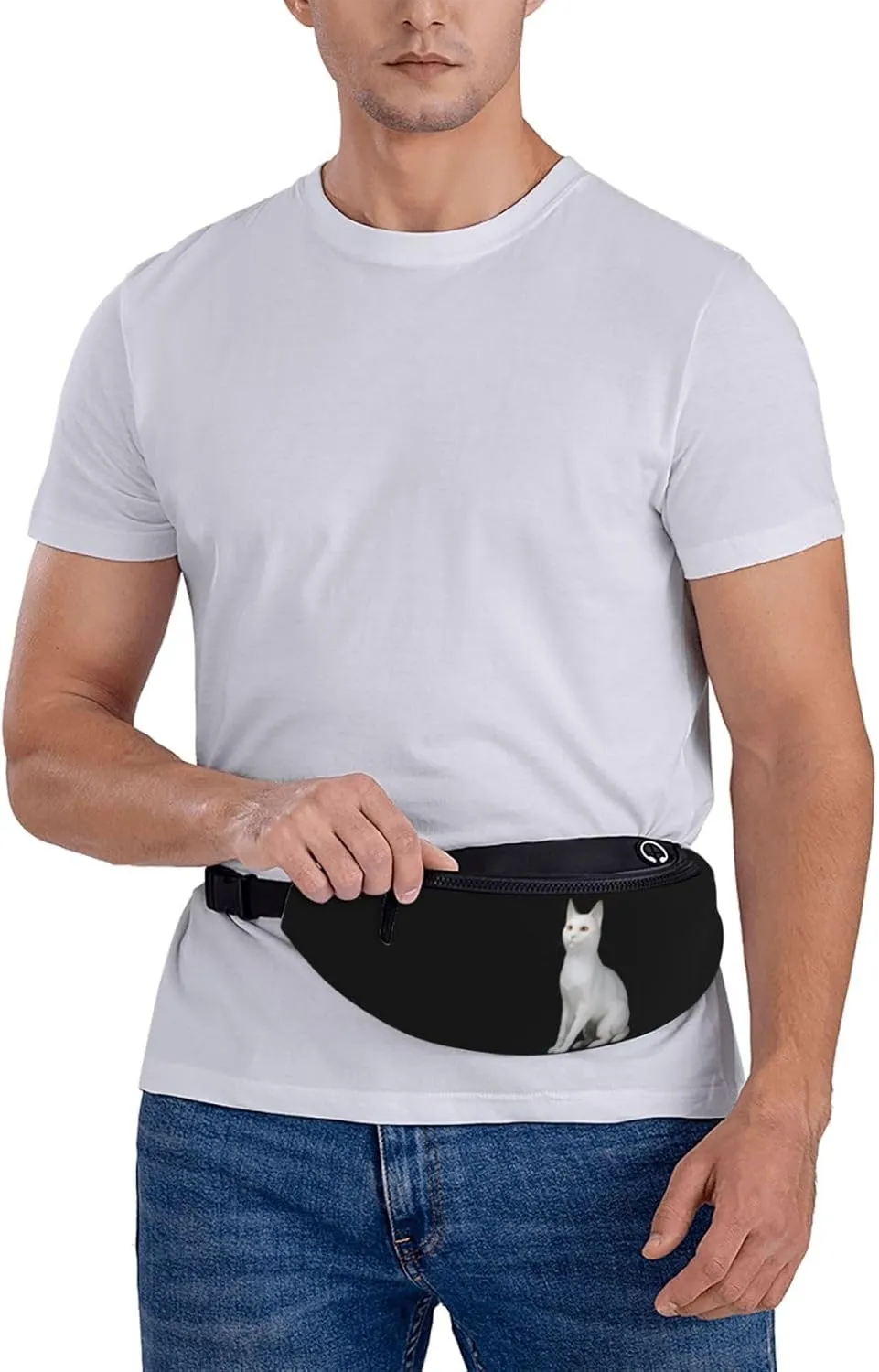 Stylish 3d White Cat Bumbags Waist Fanny Pack For Women Ladies Men Lightweight Bum Bag With Zip Pockets Adjustable Belt For Dog Walking Running Cycling Hiking Outdoor Sport