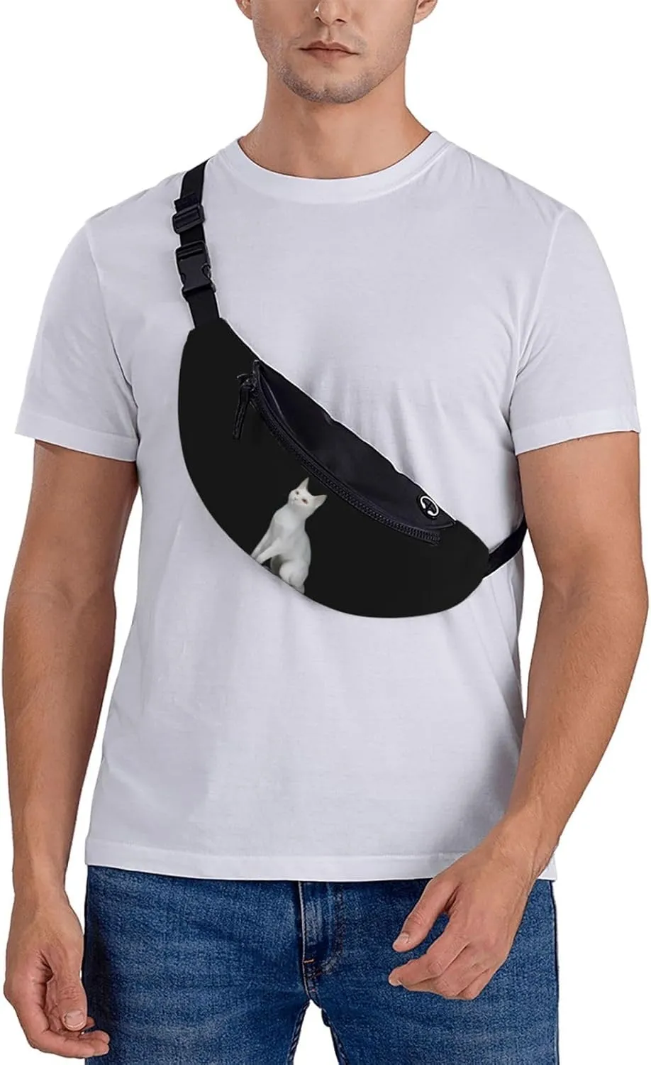Stylish 3d White Cat Bumbags Waist Fanny Pack For Women Ladies Men Lightweight Bum Bag With Zip Pockets Adjustable Belt For Dog Walking Running Cycling Hiking Outdoor Sport
