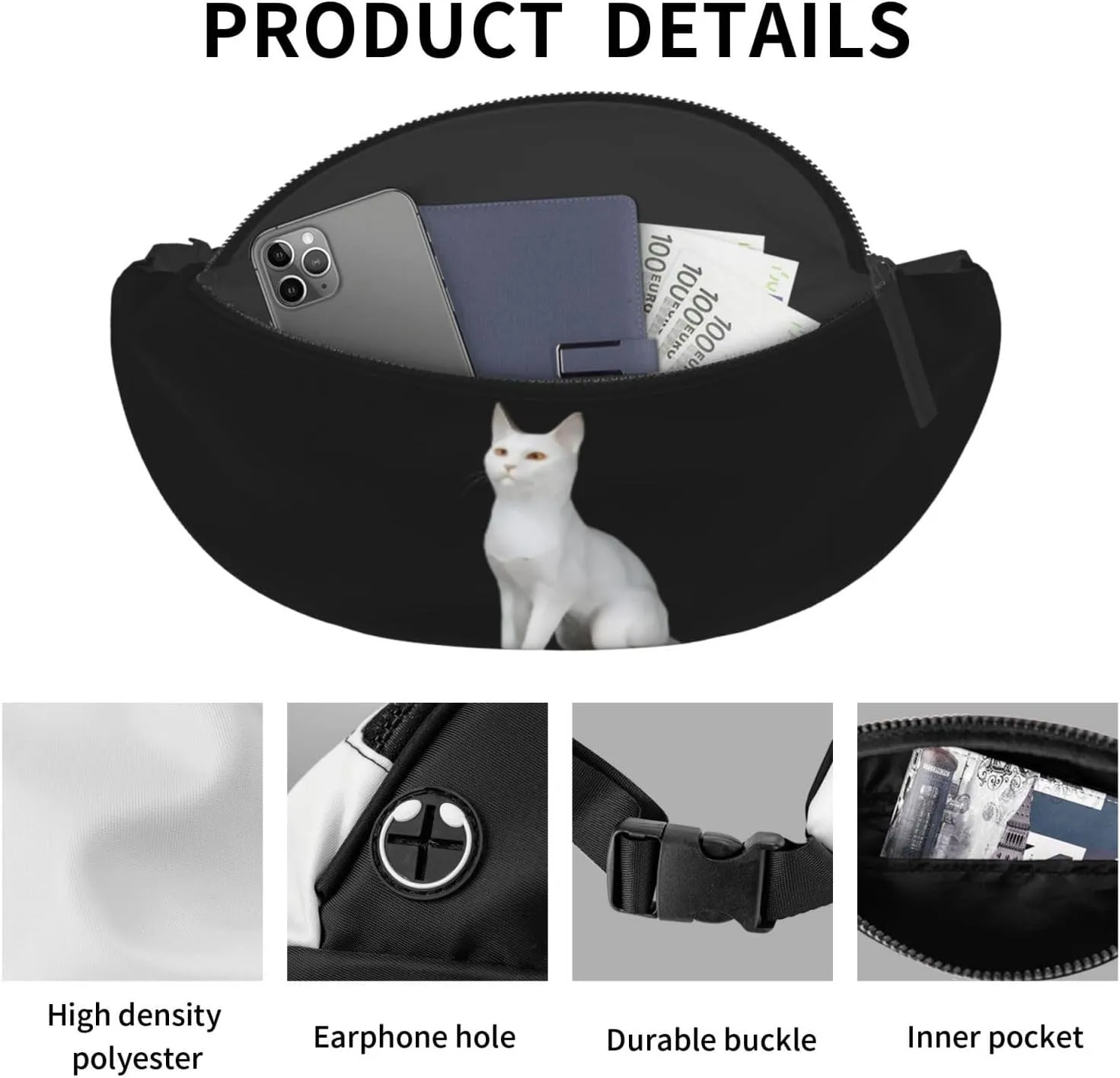 Stylish 3d White Cat Bumbags Waist Fanny Pack For Women Ladies Men Lightweight Bum Bag With Zip Pockets Adjustable Belt For Dog Walking Running Cycling Hiking Outdoor Sport