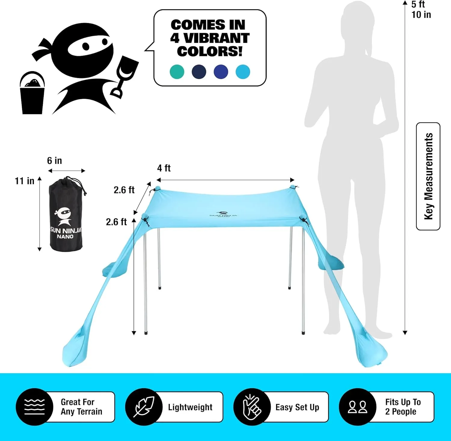 SUN NINJA Mini Beach Tent, UPF50  Beach Shade Sun Shelter with Carry Bag, Partial Shade for 2 Adults, Family, Pets, Coolers & Valuable Items