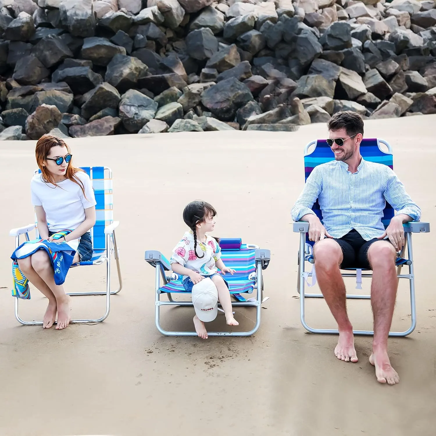 SUNNYFEEL Extra Wide 28" Folding Beach Chair 5 Position Lay Flat, Portable 17" Tall Camping Chair with Cup Holder for Outdoor/Lawn/Trip/Picnic, Lightweight Foldable Sand Chairs for Adults (Wave)