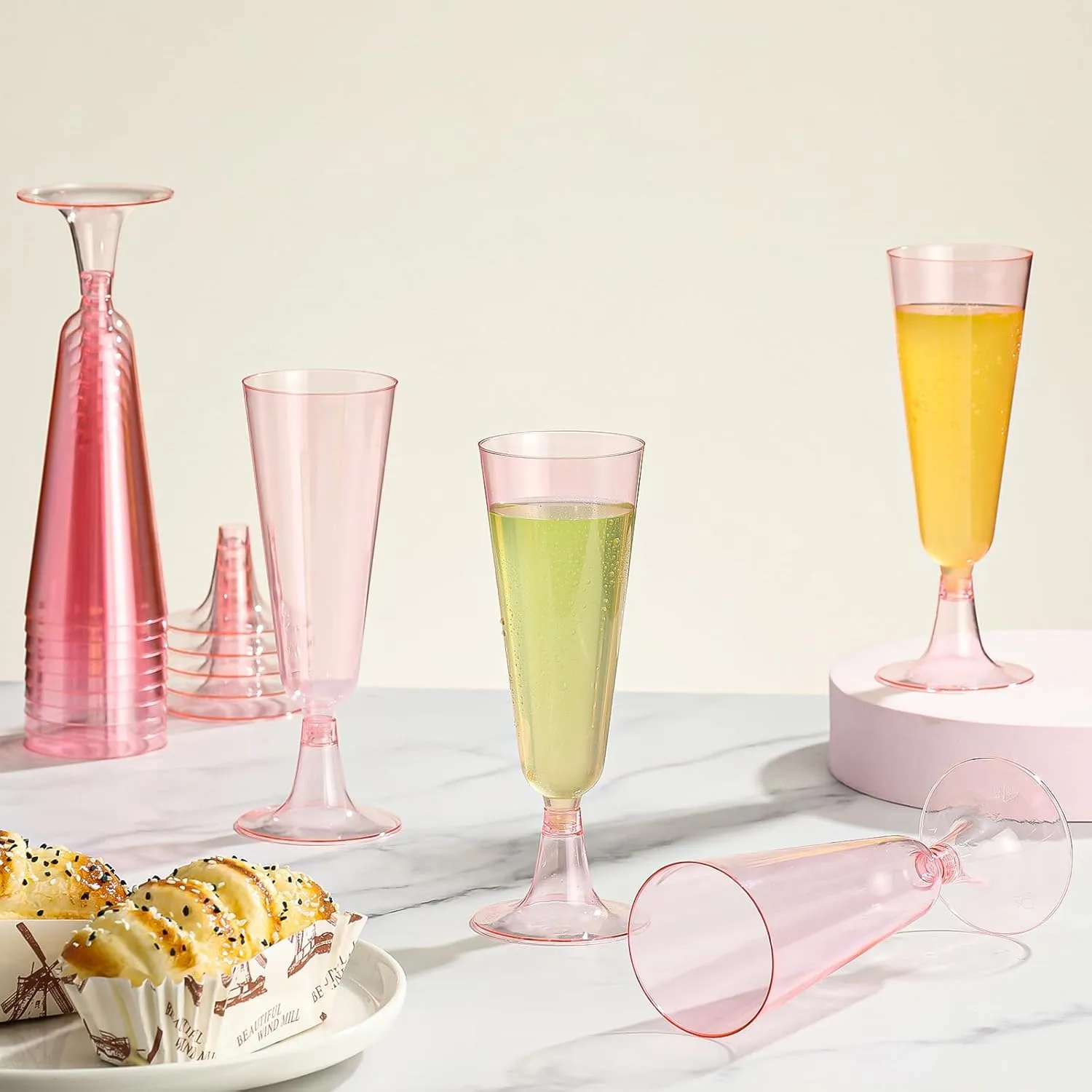 SUREHOME Pink Champagne Flutes Plastic Champagne Glasses Disposable Mimosa Glasses 40 Pack 5.5 Oz Clear Acrylic Stemware Cocktail Cups Bulk for Valentines Wedding Toasting Engagement Party Supplies