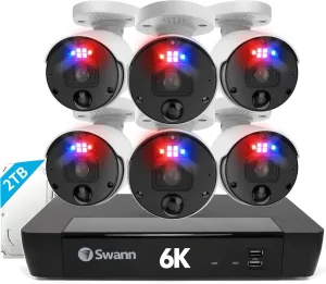 Swann 12MP Security Camera System, 8CH NVR with 2TB, 6 Indoor Outdoor Bullet IP Cameras, 6K PoE Cat5e Wired, Video Analytics, 2-Way Audio, Sirens, Color Night Vision, True Detect, Flashing LEDs