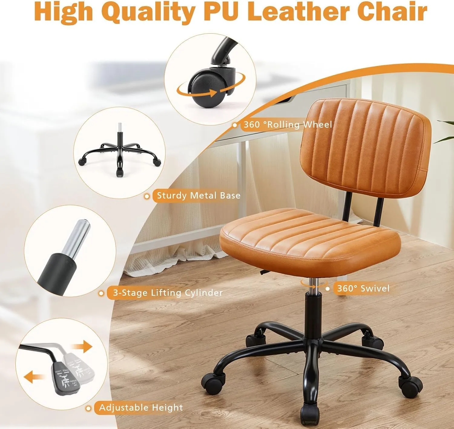 Sweetcrispy Small Office Desk Chair - Armless PU Leather with Comfy Lumbar Support, Height Adjustable Rolling Swivel Task for No Arms, for Adult, Student, Bedroom, Home, Vanity, Brown