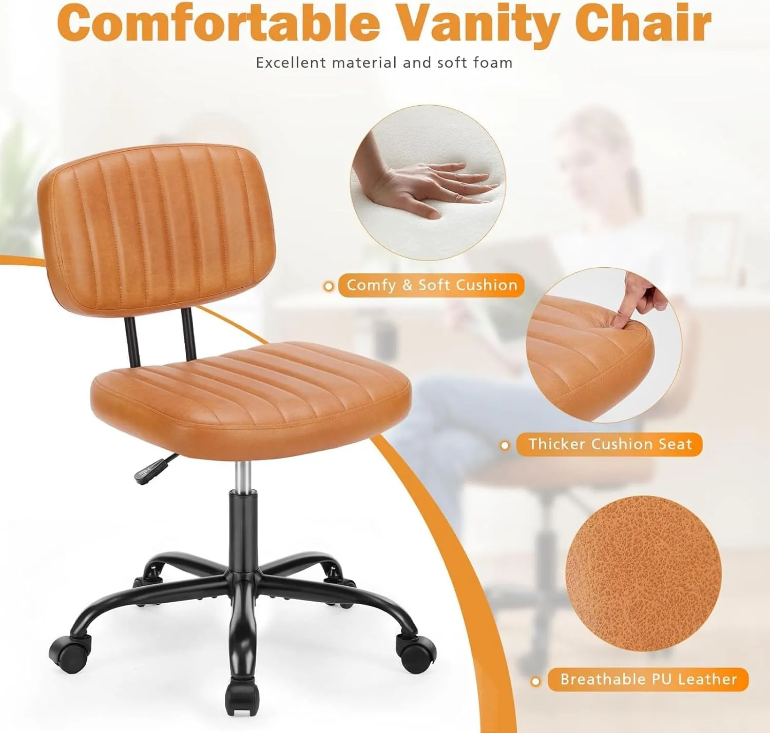 Sweetcrispy Small Office Desk Chair - Armless PU Leather with Comfy Lumbar Support, Height Adjustable Rolling Swivel Task for No Arms, for Adult, Student, Bedroom, Home, Vanity, Brown