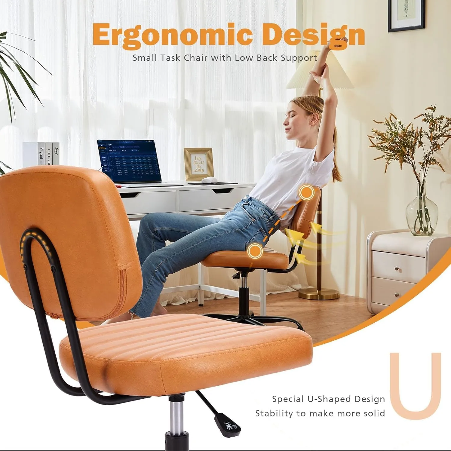 Sweetcrispy Small Office Desk Chair - Armless PU Leather with Comfy Lumbar Support, Height Adjustable Rolling Swivel Task for No Arms, for Adult, Student, Bedroom, Home, Vanity, Brown