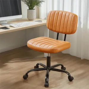 Sweetcrispy Small Office Desk Chair - Armless PU Leather with Comfy Lumbar Support, Height Adjustable Rolling Swivel Task for No Arms, for Adult, Student, Bedroom, Home, Vanity, Brown