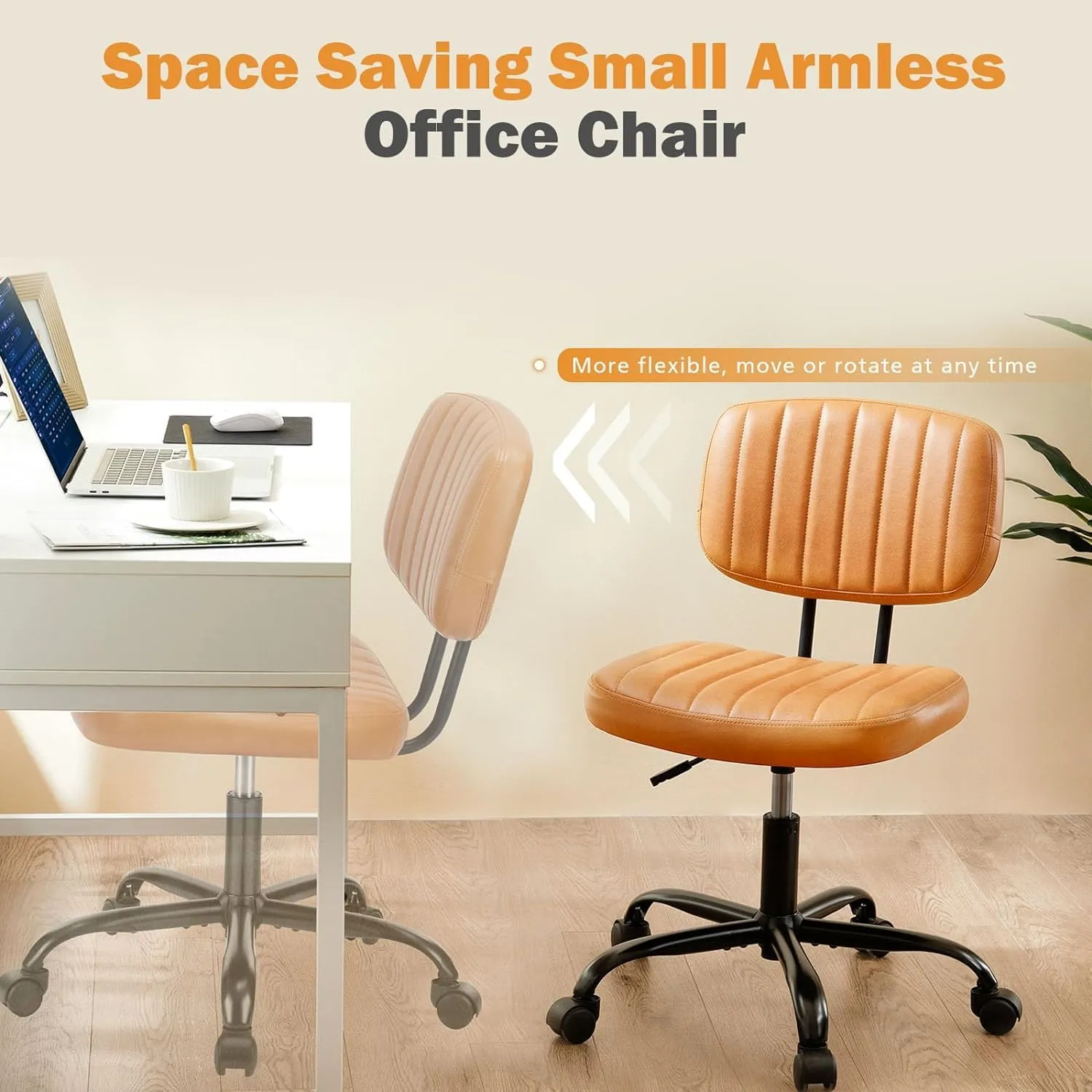 Sweetcrispy Small Office Desk Chair - Armless PU Leather with Comfy Lumbar Support, Height Adjustable Rolling Swivel Task for No Arms, for Adult, Student, Bedroom, Home, Vanity, Brown