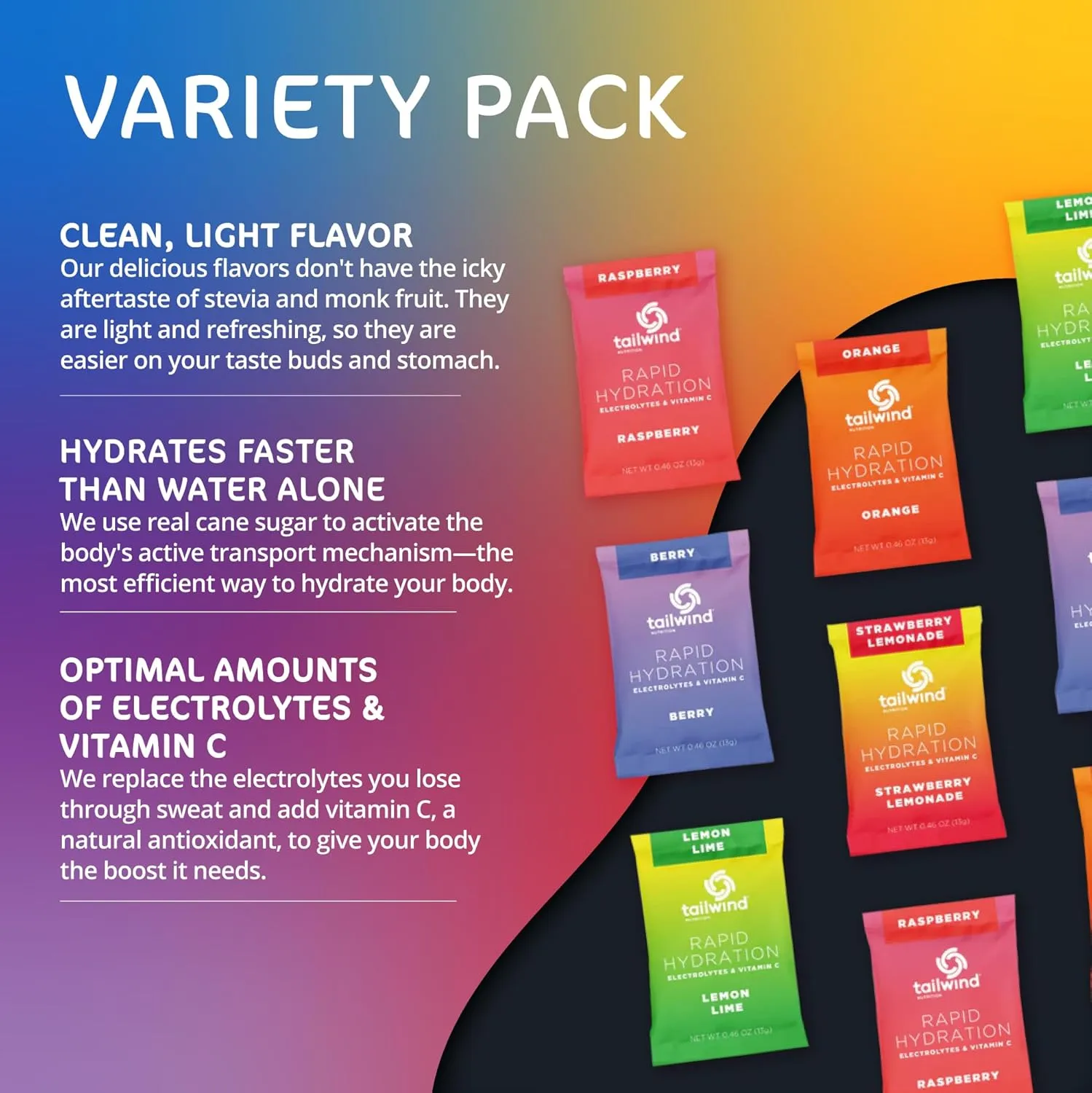 Tailwind Nutrition Rapid Hydration Carbohydrate & Electrolyte Powder, Vitamin C & Sea Salt Exercise Workout Mix, 5 Flavor Variety Pack, Pack of 15 Sticks