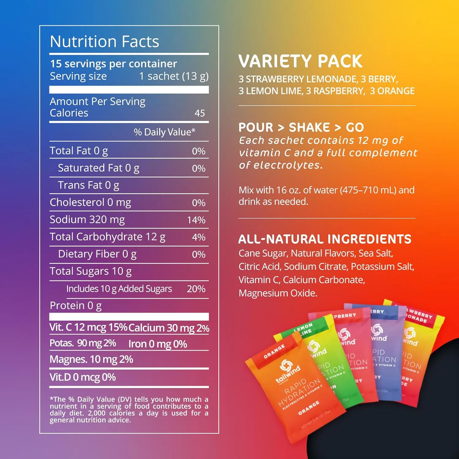 Tailwind Nutrition Rapid Hydration Carbohydrate & Electrolyte Powder, Vitamin C & Sea Salt Exercise Workout Mix, 5 Flavor Variety Pack, Pack of 15 Sticks