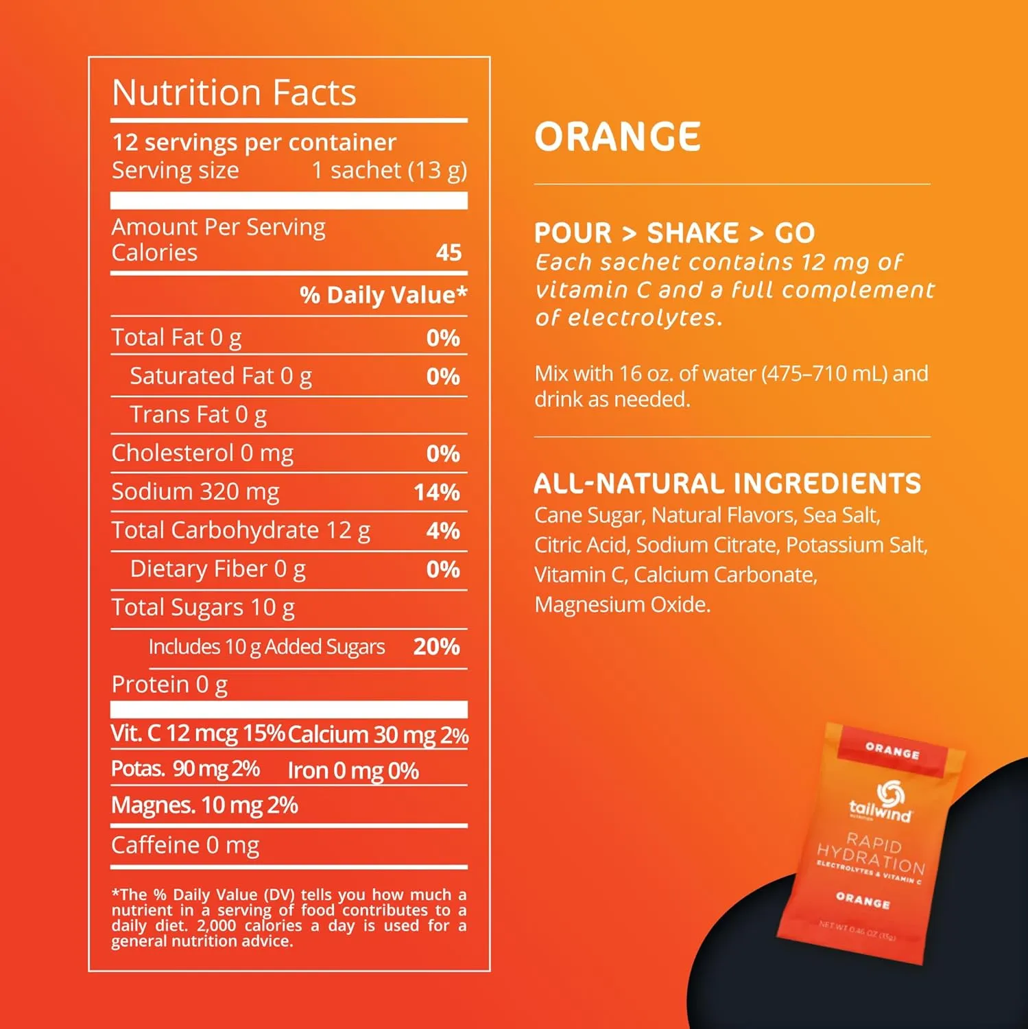 Tailwind Nutrition Rapid Hydration Carbohydrate & Electrolyte Powder, Vitamin C & Sea Salt Exercise Workout Mix, Orange, Pack of 12 Sticks