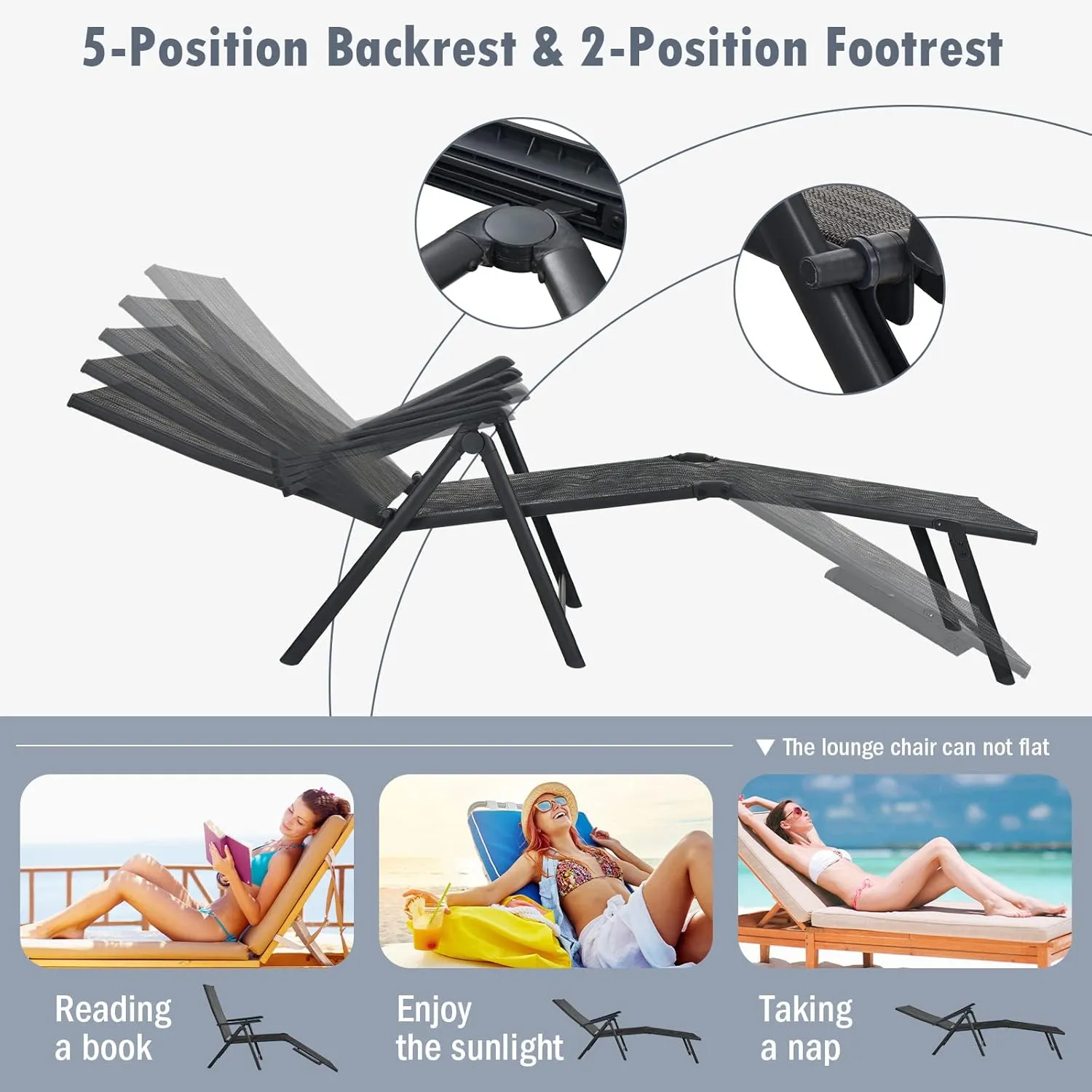 Tangkula Folding Lounge Chair Outdoor, Recliner Chaise Lounge with 5-Position Adjustable Backrest & 2-Position Footrest, No Assembly Required, Suitable for Patio Poolside Beach Yard (2, Grey)