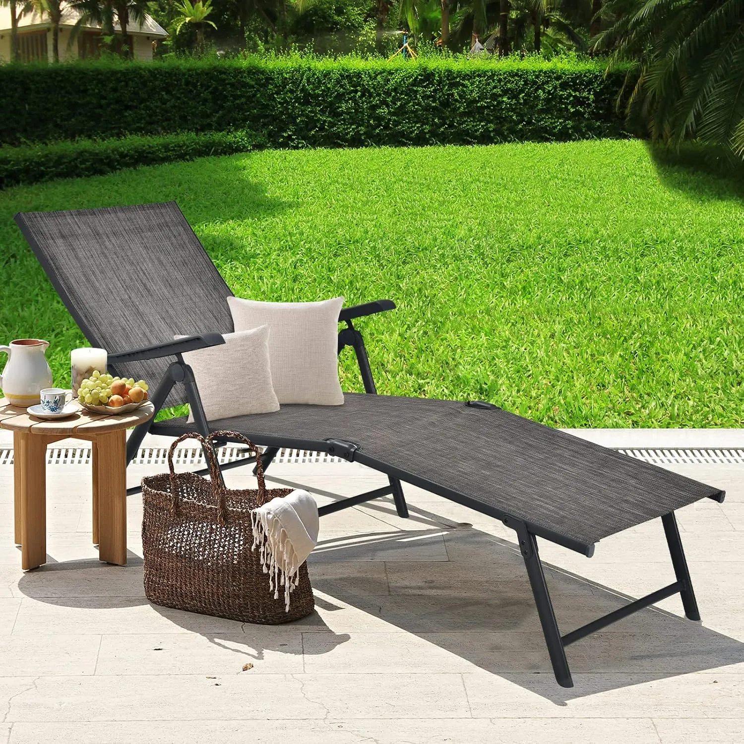 Tangkula Folding Lounge Chair Outdoor, Recliner Chaise Lounge with 5-Position Adjustable Backrest & 2-Position Footrest, No Assembly Required, Suitable for Patio Poolside Beach Yard (2, Grey)