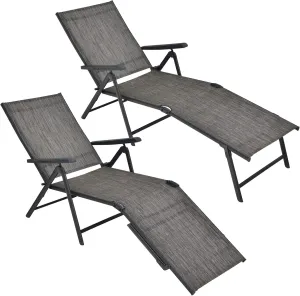 Tangkula Folding Lounge Chair Outdoor, Recliner Chaise Lounge with 5-Position Adjustable Backrest & 2-Position Footrest, No Assembly Required, Suitable for Patio Poolside Beach Yard (2, Grey)