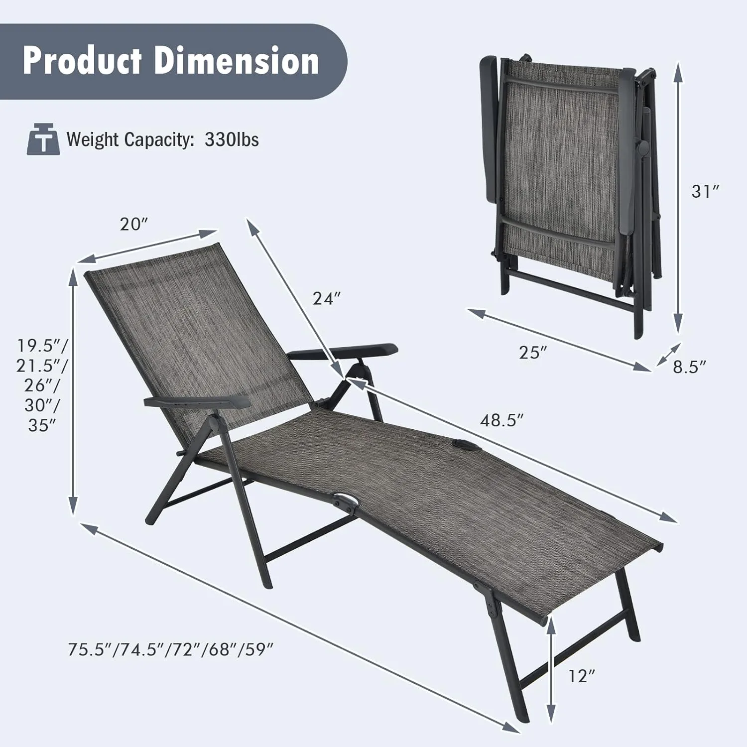 Tangkula Folding Lounge Chair Outdoor, Recliner Chaise Lounge with 5-Position Adjustable Backrest & 2-Position Footrest, No Assembly Required, Suitable for Patio Poolside Beach Yard (2, Grey)