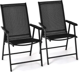 Tangkula Set of 2 Patio Folding Chairs, Outdoor Fabric Dining Chairs with High Back & Armrests, Sturdy Metal Frame for Patio Lawn Garden (Black)