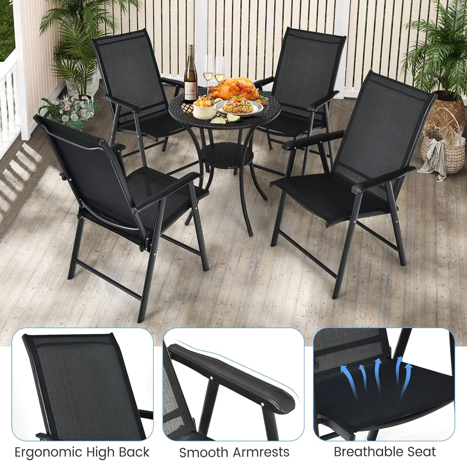 Tangkula Set of 2 Patio Folding Chairs, Outdoor Fabric Dining Chairs with High Back & Armrests, Sturdy Metal Frame for Patio Lawn Garden (Black)