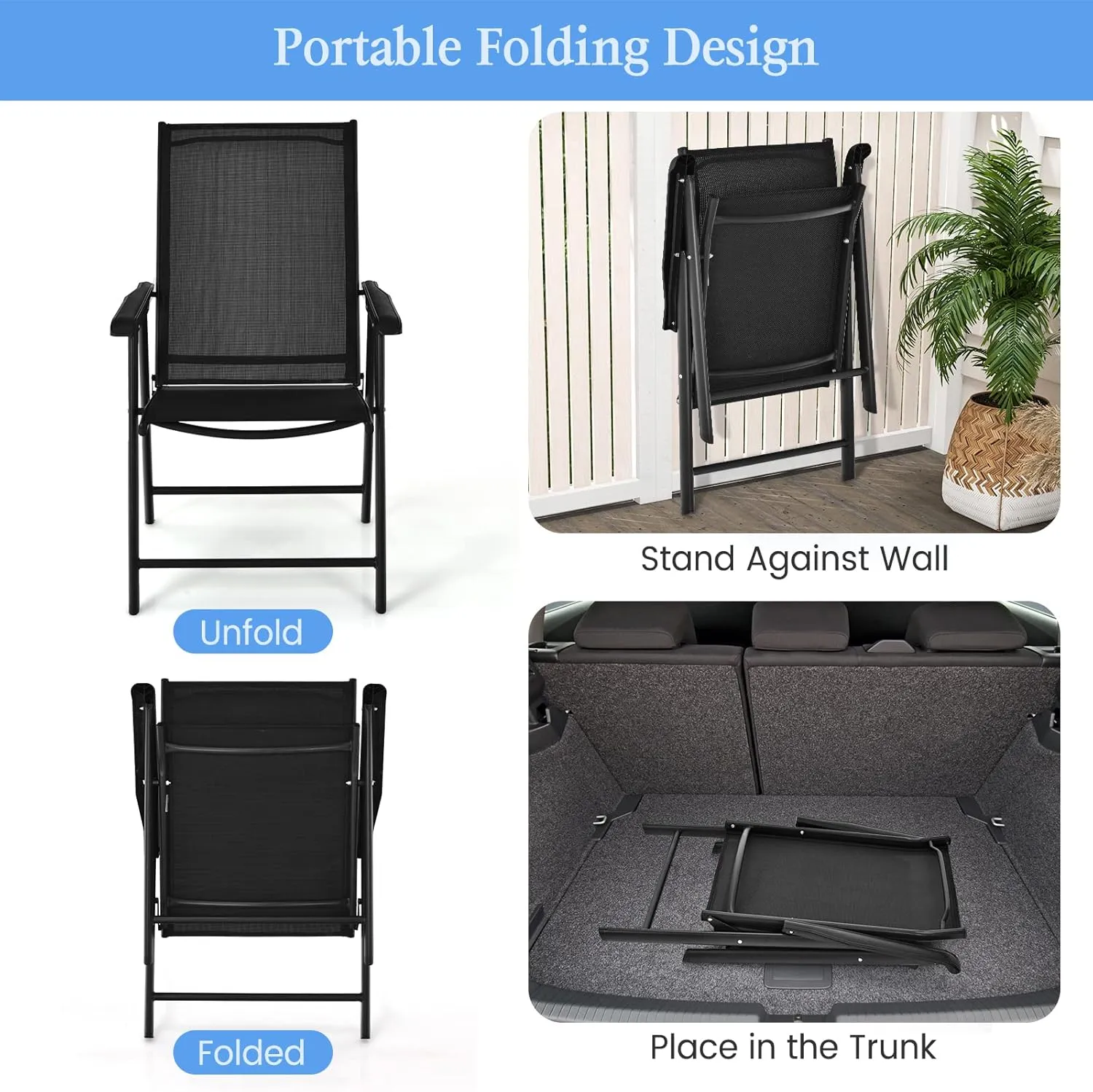 Tangkula Set of 2 Patio Folding Chairs, Outdoor Fabric Dining Chairs with High Back & Armrests, Sturdy Metal Frame for Patio Lawn Garden (Black)
