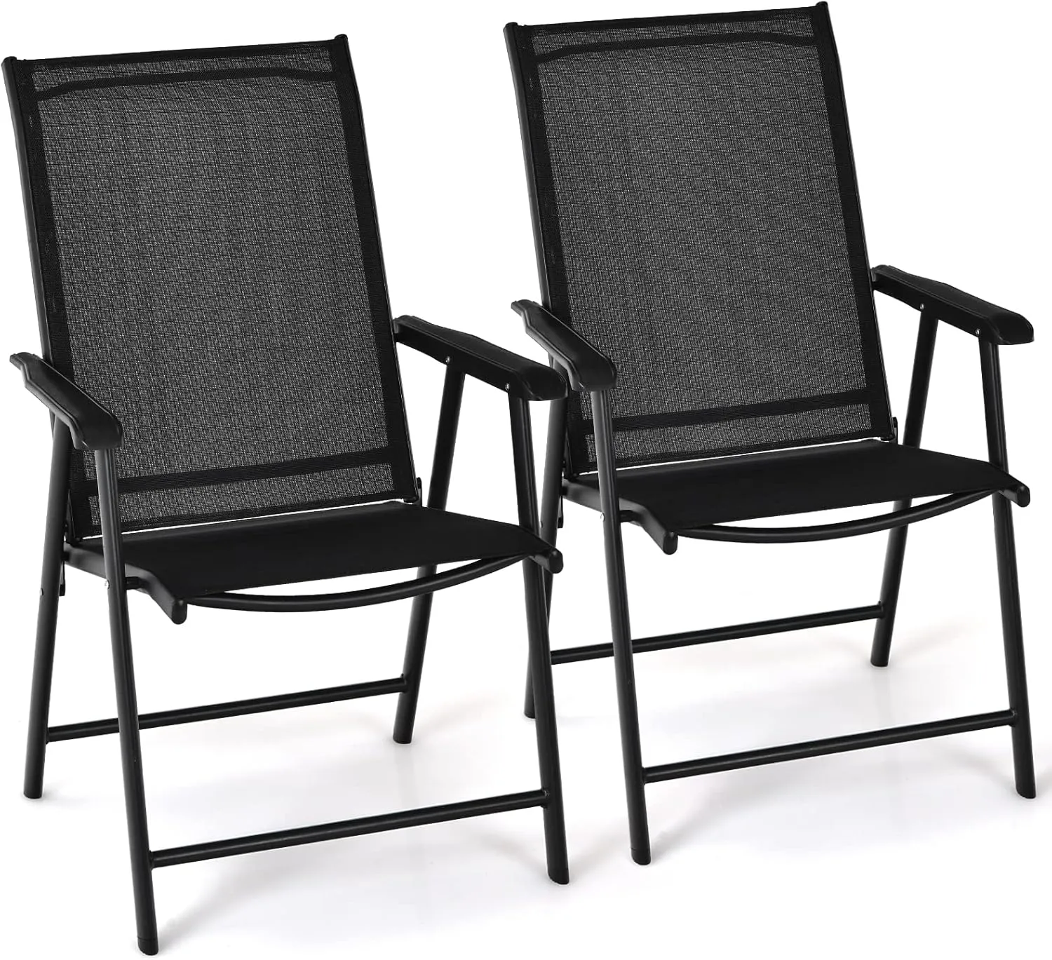 Tangkula Set of 2 Patio Folding Chairs, Outdoor Fabric Dining Chairs with High Back & Armrests, Sturdy Metal Frame for Patio Lawn Garden (Black)