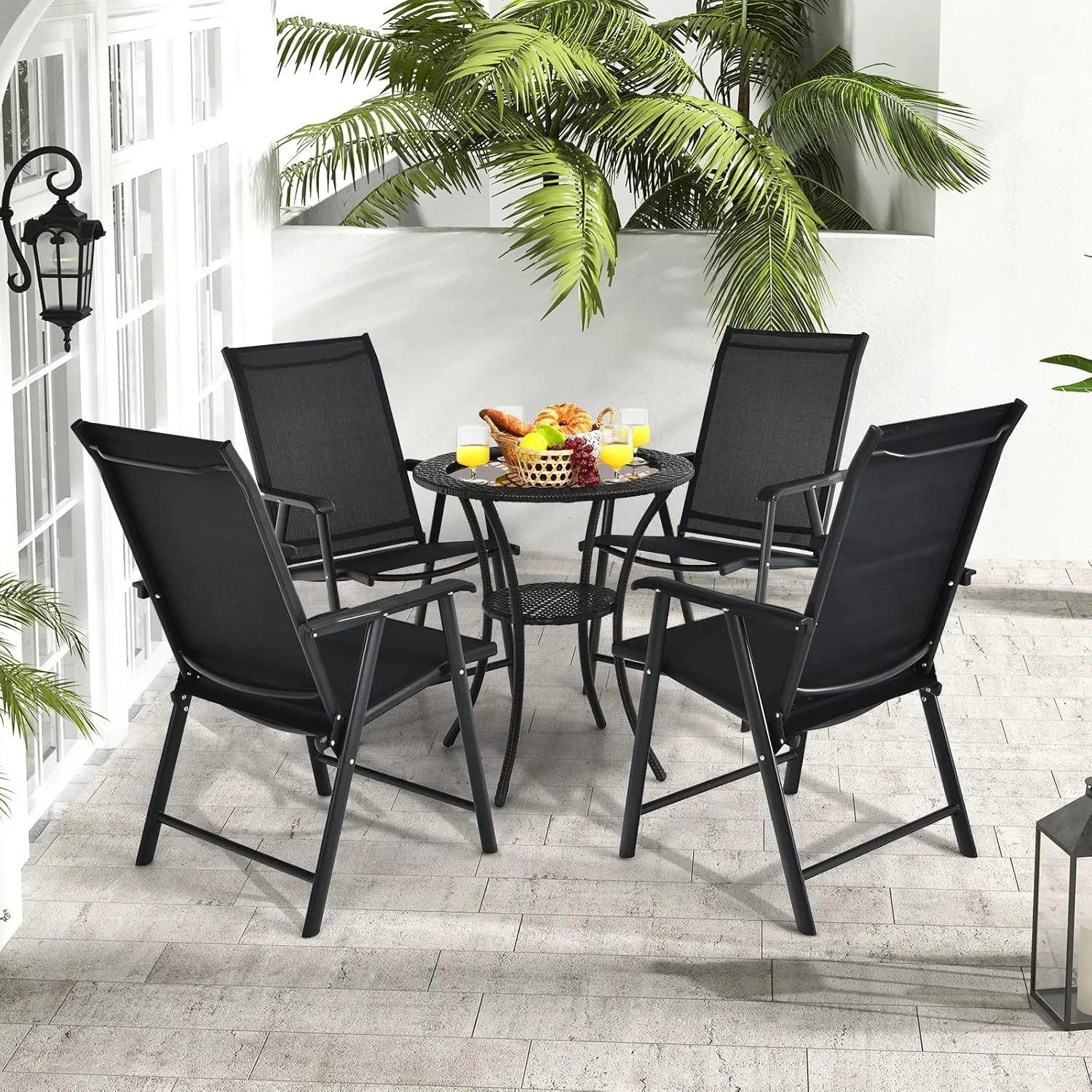 Tangkula Set of 2 Patio Folding Chairs, Outdoor Fabric Dining Chairs with High Back & Armrests, Sturdy Metal Frame for Patio Lawn Garden (Black)