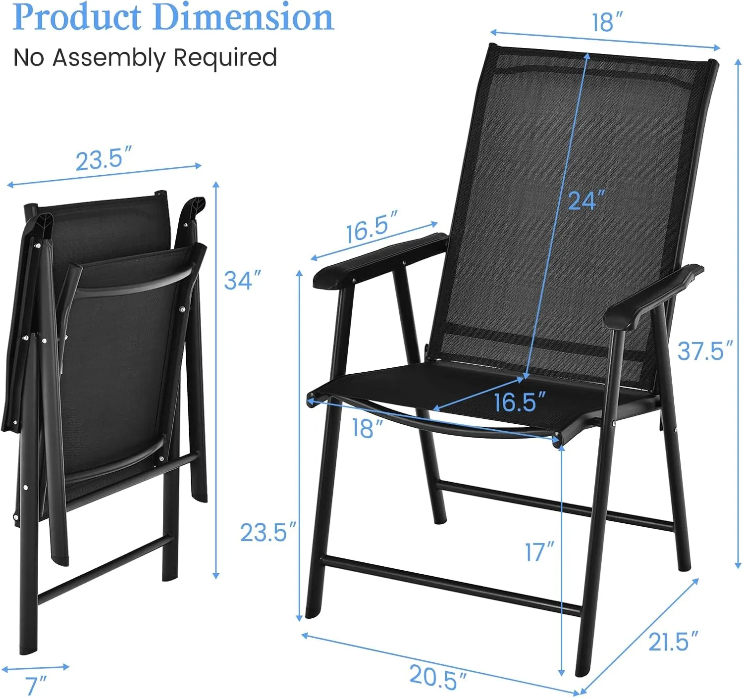 Tangkula Set of 2 Patio Folding Chairs, Outdoor Fabric Dining Chairs with High Back & Armrests, Sturdy Metal Frame for Patio Lawn Garden (Black)