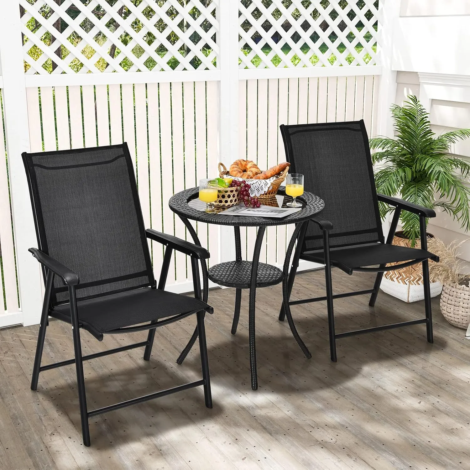 Tangkula Set of 2 Patio Folding Chairs, Outdoor Fabric Dining Chairs with High Back & Armrests, Sturdy Metal Frame for Patio Lawn Garden (Black)