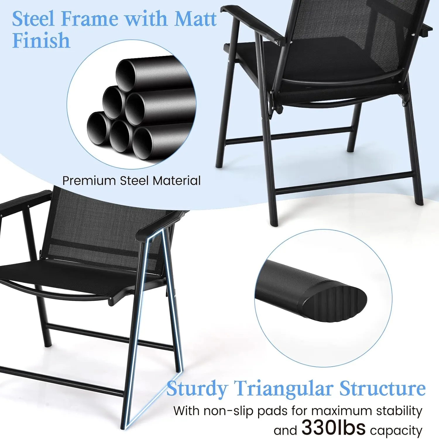 Tangkula Set of 2 Patio Folding Chairs, Outdoor Fabric Dining Chairs with High Back & Armrests, Sturdy Metal Frame for Patio Lawn Garden (Black)