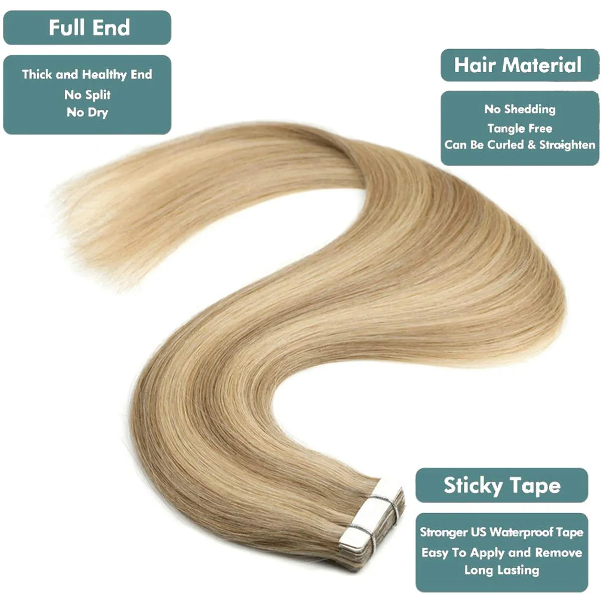 Tape in Hair Extensions Human Hair 14 inch Skin Weft Tape in Straight Thick Natural Hair Extensions with 12 Pieces Replacement Tape 20pcs 50g Ash Blonde/Lightest Blonde #18/613