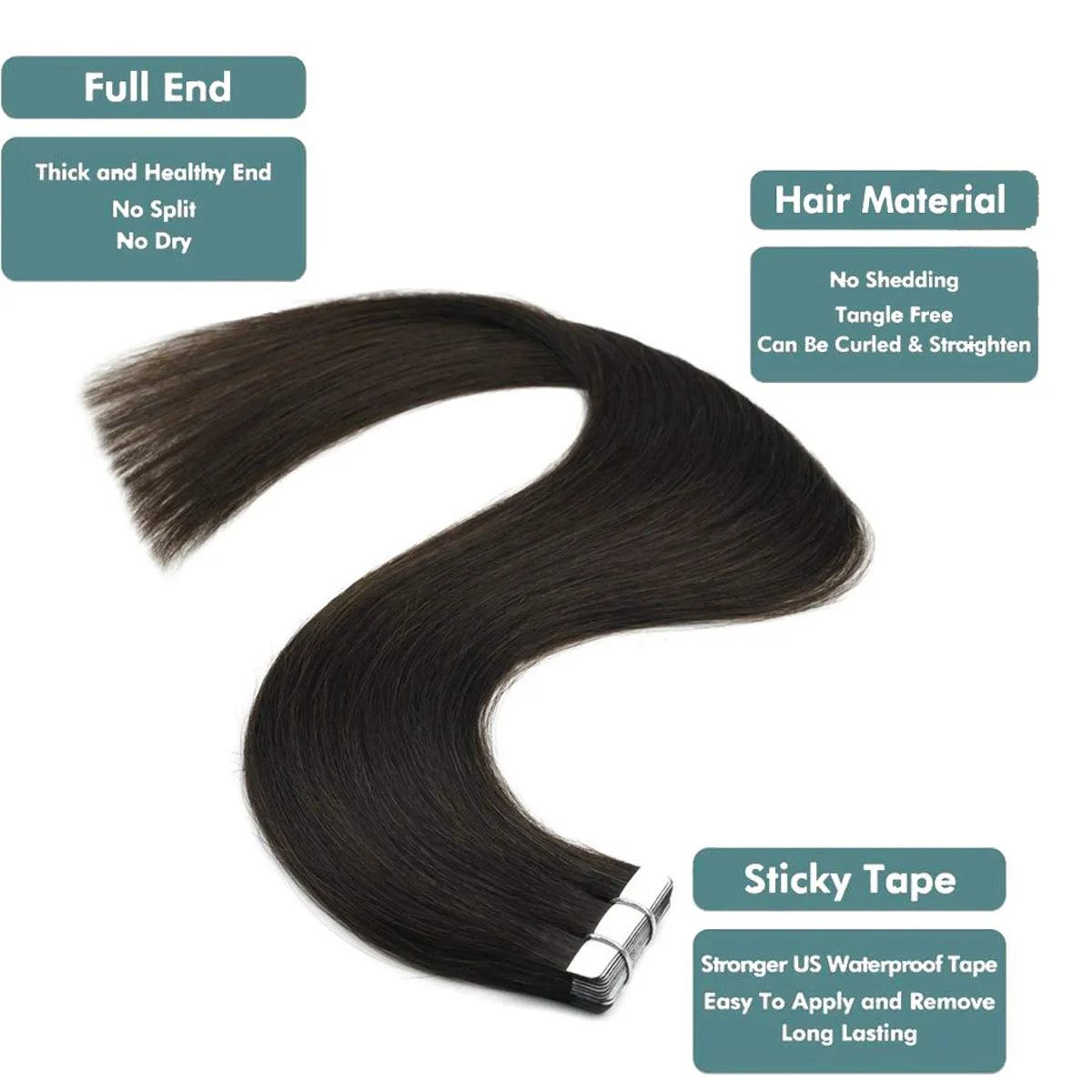Tape in Hair Extensions Human Hair 14 inch Skin Weft Tape in Straight Thick Natural Hair Extensions with 12 Pieces Replacement Tape 20pcs 50g Darkest Brown #2
