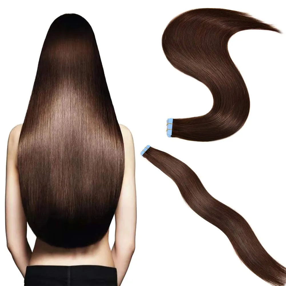 Tape in Hair Extensions Human Hair 14 inch Skin Weft Tape in Straight Thick Natural Hair Extensions with 12 Pieces Replacement Tape 20pcs 50g Darkest Brown #2