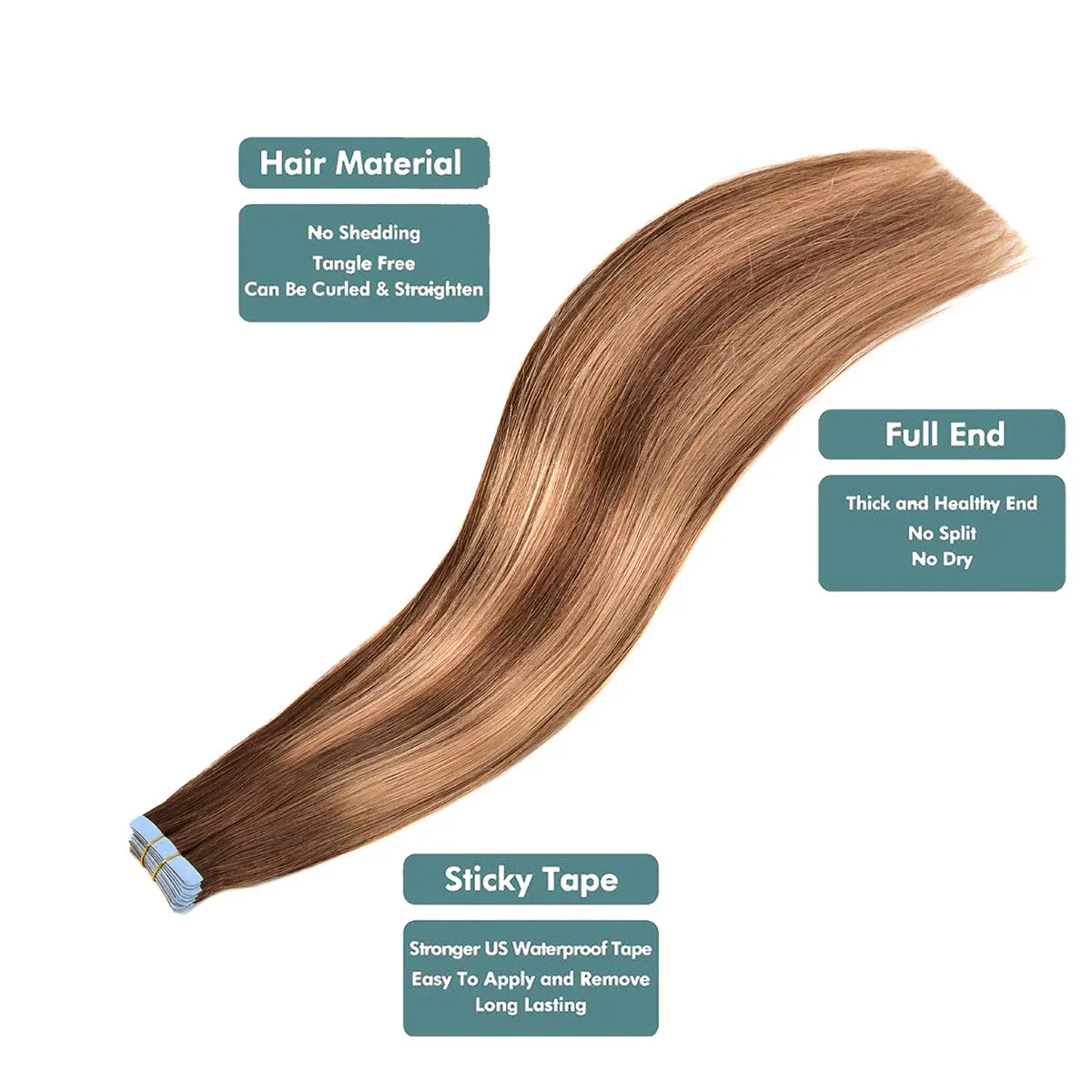 Tape in Hair Extensions Human Hair 14inch Skin Weft Straight Thick Natural with 12 Pieces Replacement Tape 20pcs 50g Chocolate Brown mixed caramel blonde #4/27/4